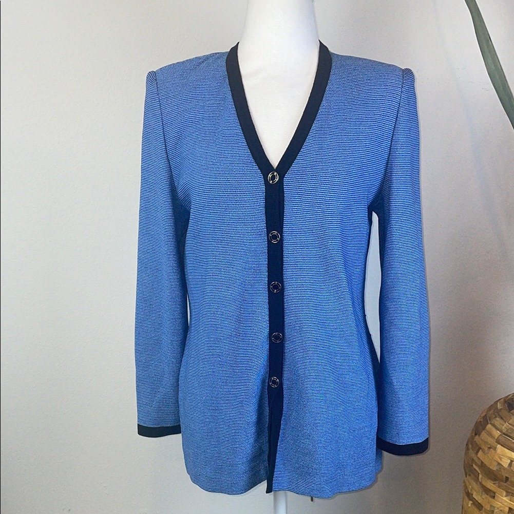 Retail $695 St John Marie Gray Old Money Blue V-Neck Button-Up Vintage Cardigan